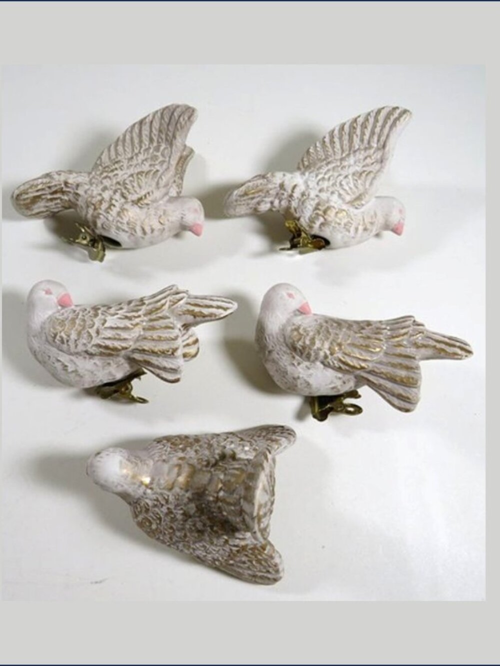 Vintage Clip On Ceramic 5 Bird Ornaments Off White Gold Accent Shabby Chic